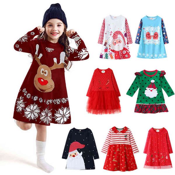 Abiti da ragazza Ragazze a tema Manica lunga Albero di Natale Stampa Abito in pizzo Pupazzo di neve Vestito Vestido Babbo Natale Maglia Inverno 0913