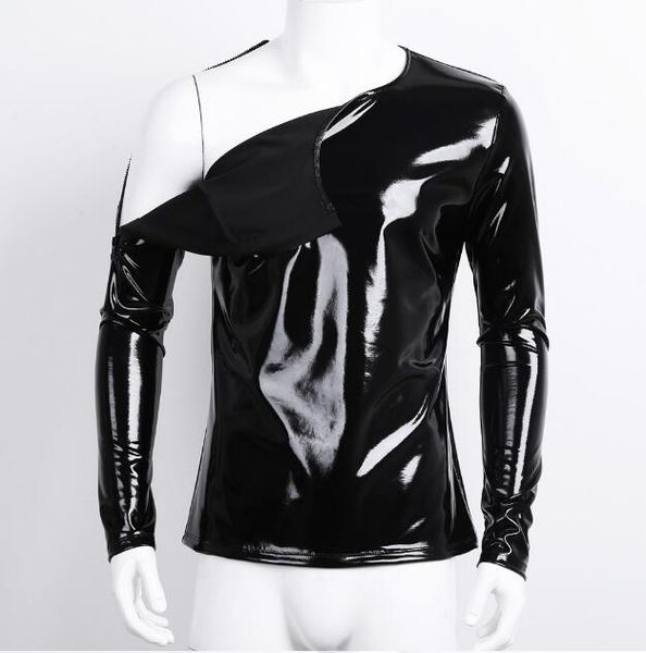 Schwarze Catsuit-Kostüme Herren-T-Shirt aus PVC-Kunstleder mit langen Ärmeln und Reißverschluss im Nachtclub-Stil, metallisch glänzendes Hip-Hop-Pullover-T-Shirt-Kostümoberteil