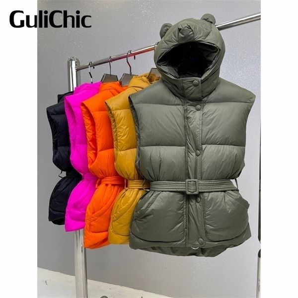 Womens Down Parkas 95 Guliquiic Women Street Rua Sólida As orelhas de orelhas de orelhas de capuz de capuz Winter com cinto sem mangas com casaco casual 220914