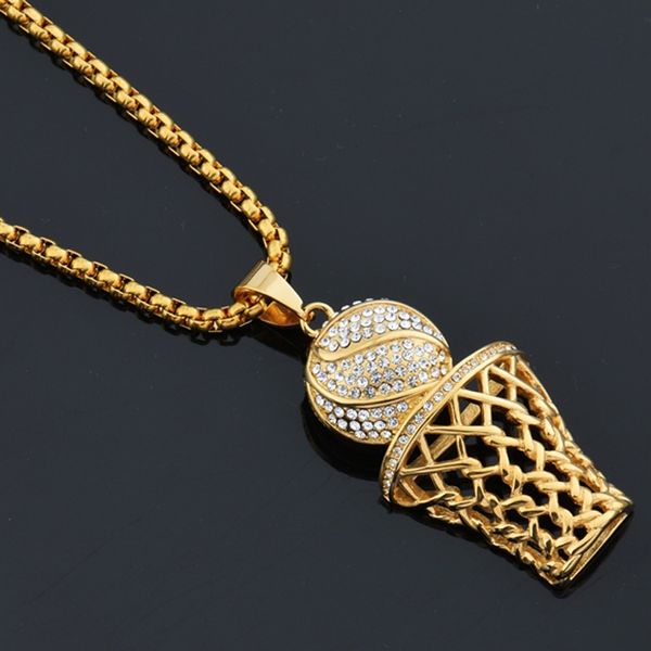 Kristall-Diamanten, Basketballkorb-Anhänger, Basketball-Halskette, lange Kette, Edelstahl, Rock, Hip Hop, Iced Out, 14 Karat vergoldet, Sportschmuck für Herren