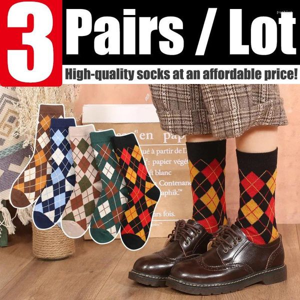 Mulheres meias pares de meias/lote outono vintage Argyle Lattice algodão estilo Preppy