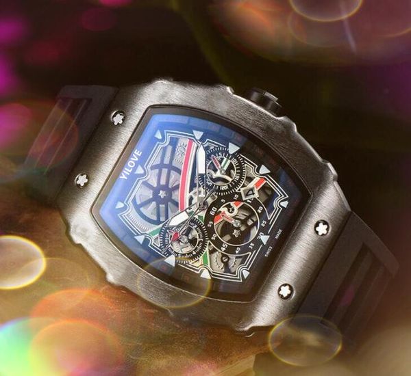 Eleganti orologi da uomo nobili 43mm Cronografo automatico al quarzo da uomo Quadrante scheletrato Cinturino in gomma Hip Hop Crimine sportivo USA Europa Orologi da polso popolari Orologio da tavolo