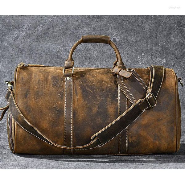 Duffel Çantalar Yüksek kaliteli vintage koyu kahverengi gerçek cilt gerçek çılgın at deri erkekler seyahat çanta messenger