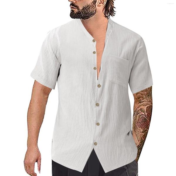 Camisas casuais masculinas Mens Slim Fit Dress Shirt Men Fashion Top Color Solid Color Pocket Casto único Algodão e linho solar moletom solto