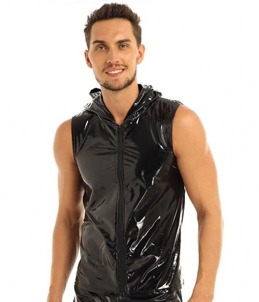 Schwarze Herren WetLook Catsuit Kostüme Tank Tops Lack-PVC-Kunstleder Hoodie Sexy Clubwear Hip Hop T-Shirt Top mit Reißverschluss Kostüme