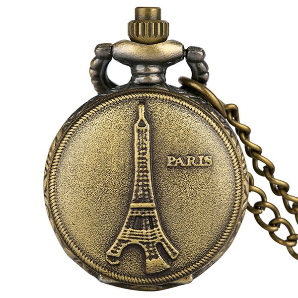 Bronze Small Size Watch Paris Tower Alloy Capa unissex quartzo relógios de bolso de colar de números árabes Chain Sovevenir
