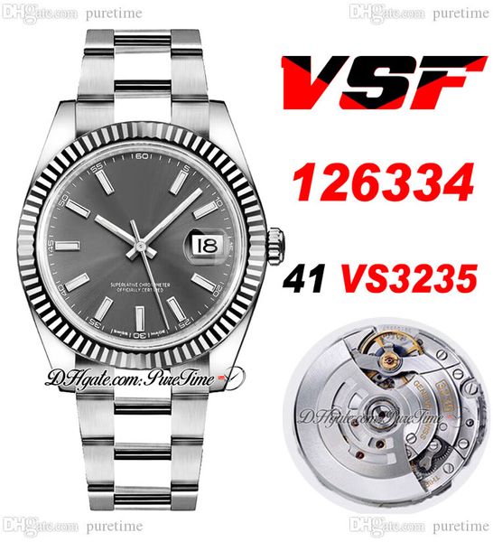 VSF Just 126334 VS3235 Orologio automatico da uomo 41 lunetta scanalata Quadrante grigio rodio Marcatori a bastone 904L OysterBracciale in acciaio Super Edition Scheda della stessa serie Puretime C3