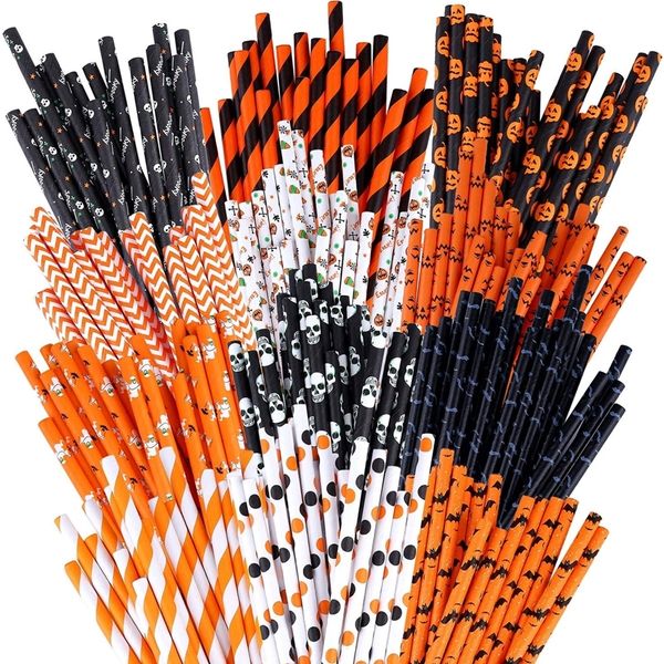 Outra festa de eventos suprimentos de halloween biodegradable canudos de papel de abóbora Spider Spider Skeleton Witch Straws Straws Halloween Party Supplies 220914