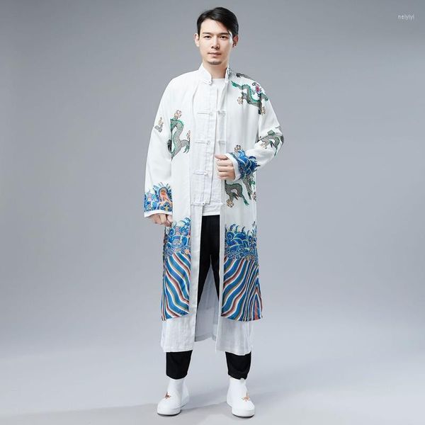 Roupas étnicas jaqueta chinesa masculino casaco longos manto japonês imprimem chiffon wushu fantasia tai chi roupas de roupa kk2956