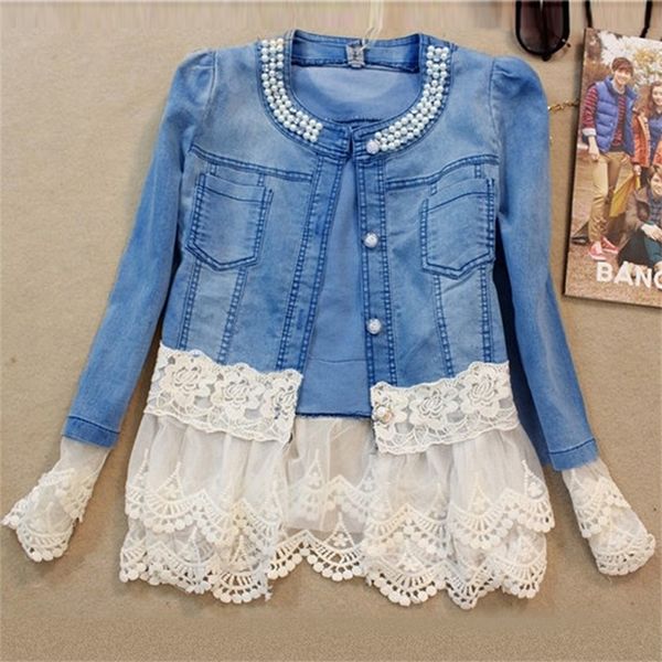 Kadın ceketleri ince dikişli kadın denim ceket inci dekorasyon dantel manşetler moda ceket ince bölüm beyaz örgü kenarı katı yıkama üst 001 220913