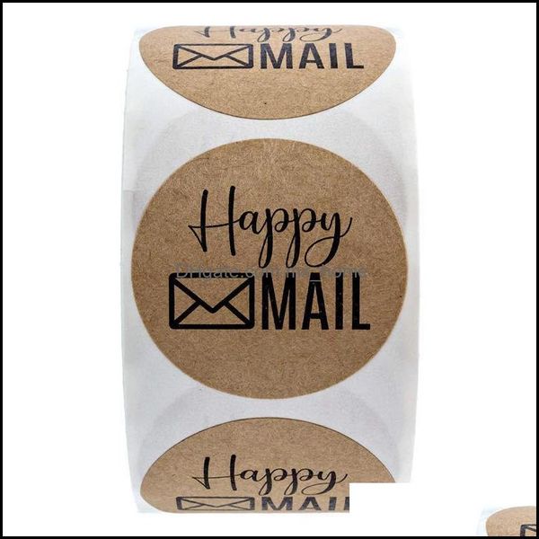 Selbstklebende Aufkleber, 500 Stück/Rolle, runde Form, Happy Mail, Geschäftsaufkleber, 2,5 cm, braun, Geschenk, Handumschlag, versiegelt, Briefpapier-Aufkleber, Drop Dh8Ta