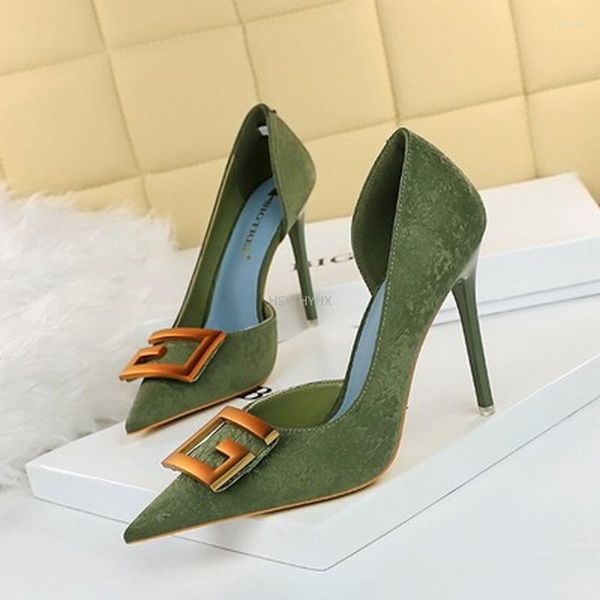 Vestido sapatos metal quadrado fivela gatinho salto 10.5cm festa sexy festeira preta verde mulher bom bombeia calcanhar médio para mulheres sandálias Tamanho