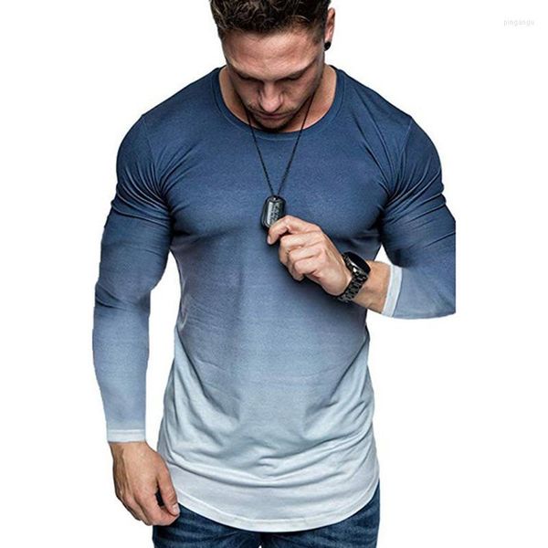 T-shirt da uomo T-shirt da uomo Colore sfumato 3D Stampato Camicia a maniche lunghe a compressione ad asciugatura rapida Fitness T-shirt attillata per uomo