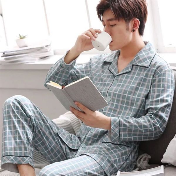 Menas de dormir masculinas 100% algodão Pijama para homens 2 peças Pijama de pijamas Plaid Spring Spring Bedgown Rous