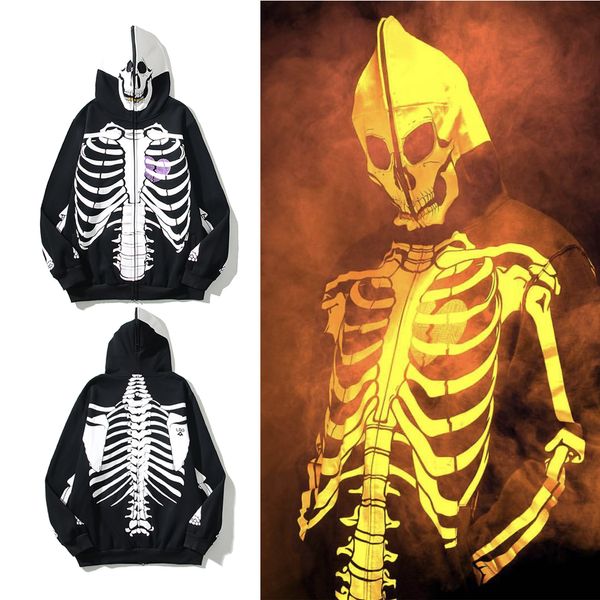 Men Streetwear Jackets High Street Skull esqueleto de impressão capuz Cardigan de grandes dimensões Casual Sweatshirt Fashion Vintage Capat