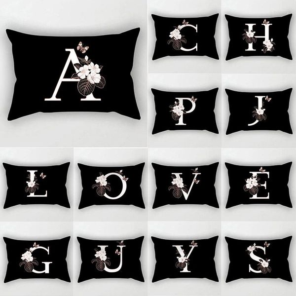 Kissenbezug, schwarzer Polyester-Sofabezug, weißes Buchstaben-Alphabet-Kissen, 30 x 50 cm, Blume, Schmetterling, doppelseitiges Dekor