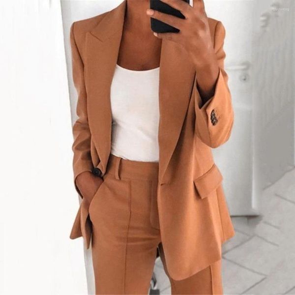 Calça de duas peças femininas capa de traje de manga comprida top slim bolsos faux blazer cardigan Outwear para escritório