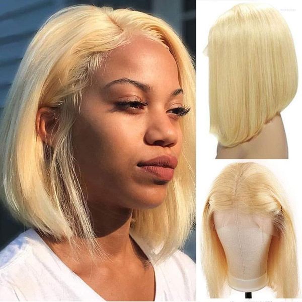 Blonde Bob-Perücke mit Spitzenfront, ohne Kleber, Nr. 613, gerade, vorgezupftes brasilianisches Echthaar, 180 % Dichte, 13 x 4 Schweizer