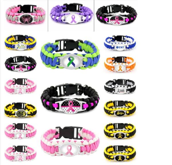 Braccialetti di fascino 7 stili Pink Mamming Cancer Fighter Hope Ribbon Awareness Paracord Braccialetti blu giallo nero campeggio