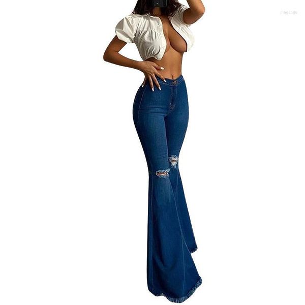 Calça feminina feminina Capris Xingqing Mulheres jeans Denim Buscou versão de cintura alta com decoração oca de cor sólida verão apertada verão
