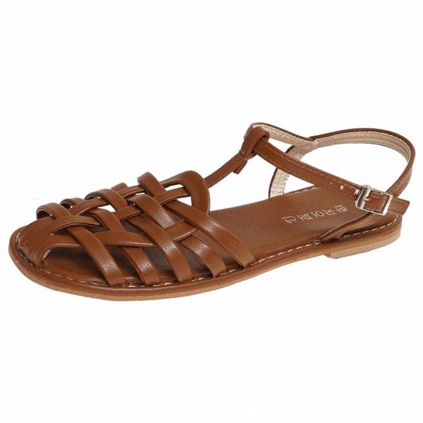 2022 frauen Wohnungen Sandalen Sommer Casual Kreuz Weben Geschlossene Runde Kappe Leder Schuhe Vintage-Mode Braun Weibliche