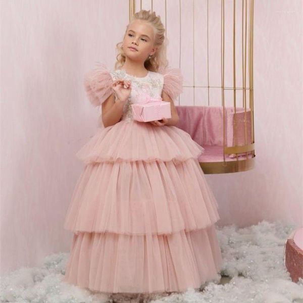 Mädchenkleider, Prinzessin, rosa Blumenapplikationen, abgestufte Schleife, Federn, Tüll, A-Linie, maßgeschneidertes Geburtstagskleid