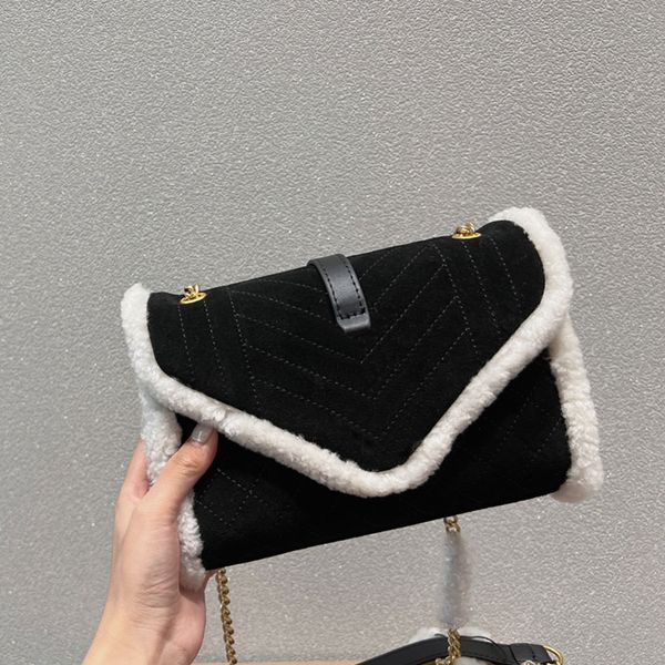 Zincir zarf çantası kadın omuz crossbody çanta süet el çantası çantalar v şeklinde dikiş iplik elmas kafesi moda donanım mektubu toka iç fermuarlı cep