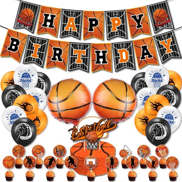 Andere Event-Party-Zubehör, 39-teiliges Basketball-Motto-Party-DIY-Dekoration, Sport, Jungen-Geburtstag, Ziehflagge, Kuchen-Einsatzkarte, Ballon, Geburtstags-Party-Zubehör-Set 220914