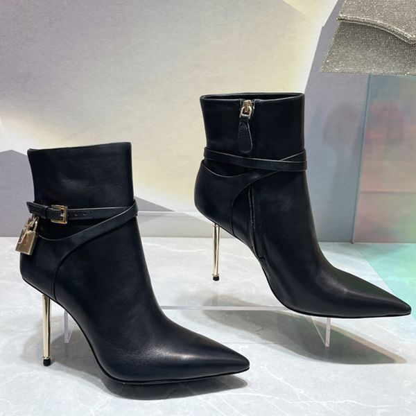 Stiefeletten mit Stiletto-Absatz, Designer-Stiefeletten mit goldener Schnalle zum Verzieren von Damenschuhen, Rindsleder, Kaschmir-Reißverschluss, spitze Zehen, Kampfstiefelette, 10 cm, modischer Stiefel mit hohem Absatz, Größe 35–42