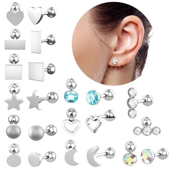 Cuore Luna Orecchini a bottone Acciaio chirurgico Orecchio Cartilagine Piercing Tragus Helix Conch Bar Per donna Uomo Moda gioielli per il corpo