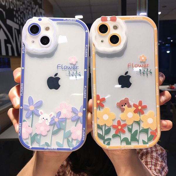 Süße Bär Katze Cartoon für iPhone 11 Hüllen Retro Blumen klare Silikon Handyhülle für iPhone 13 12 Pro Max X XR XS Max Soft Cover