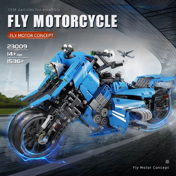 Creative Blue Three Wheels Fly Motorcycle Building Buildings Race Autobike Motocross Model Moc Bricks Boy Toys Childre