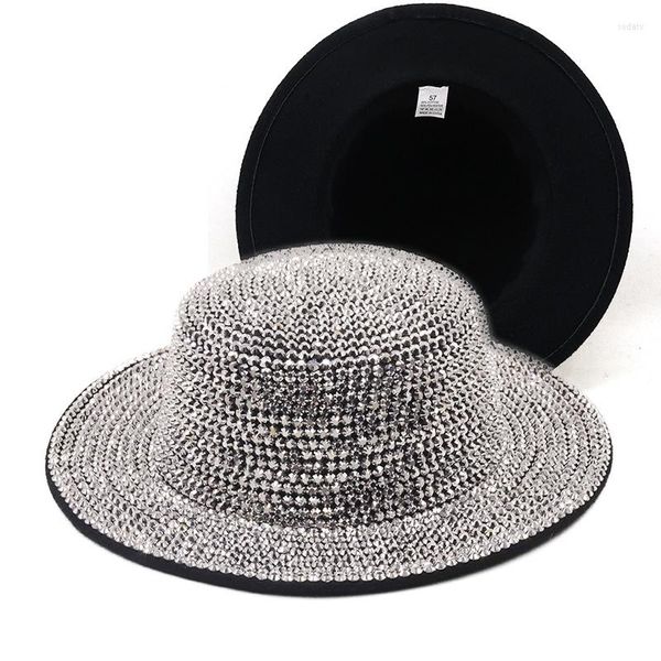 Berretti Full Diamond regolabile Flat Top Fedora Hat Bling strass Panama donna uomo cappelli jazz in feltro a tesa larga all'ingrosso estate inverno