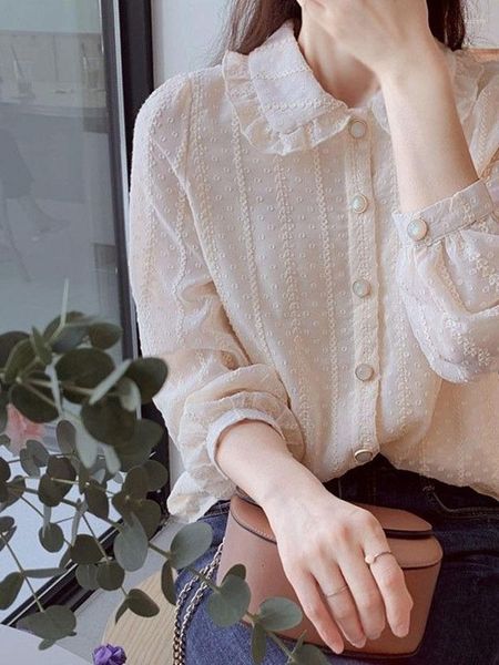 Blouses feminina camisas femininas Deeptown Cottagecore Chiffon Blouse Mulheres Lace Doll Collared Shirt Button Western Up Tops Mori