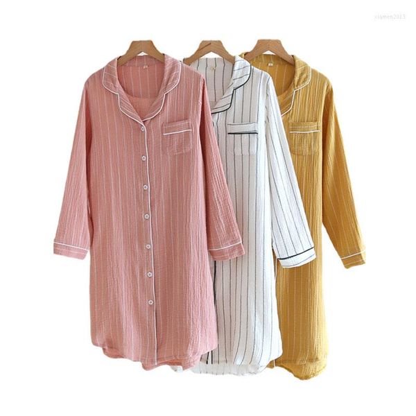 Abito da notte da donna a maniche lunghe per sonno da donna in camicia a strisce a strisce a metà lunghezza con bottoni