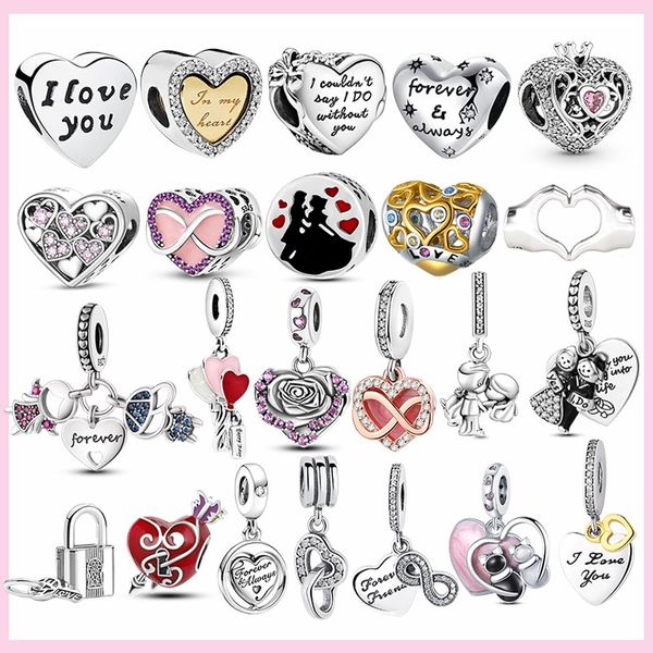 925 Argento Fit Pandora Charm 925 Bracciale Love Lock Infinity Charm Forever Cuore Coppia di ciondoli set Ciondolo Gioielli fai da te con perline fini