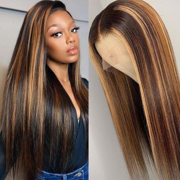 Ombre düz dantel ön peruk vurgulamak kahverengi renkli insan saç perukları kadınlar için 13x4