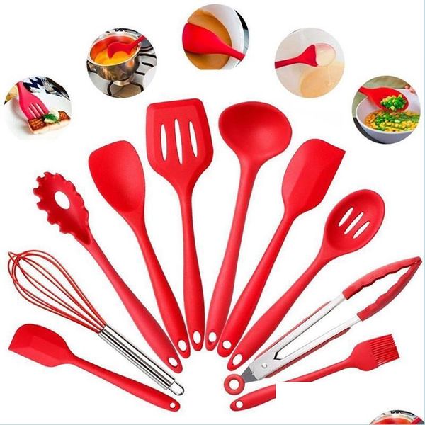 Set di pentole 10Pcs / Set Sile Utensili da cucina Set da cucina Padella Spata Cucchiaio Mestolo Turner Frullino per le uova Spaghetti Server Strumenti scanalati Dro Dhygp