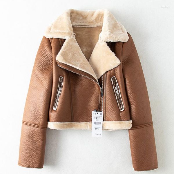 Couro feminino Ftlzz Winter Brown Jacket Fur Fur quente Casaco curto Biker Streetwear Motor Jackets Lamb