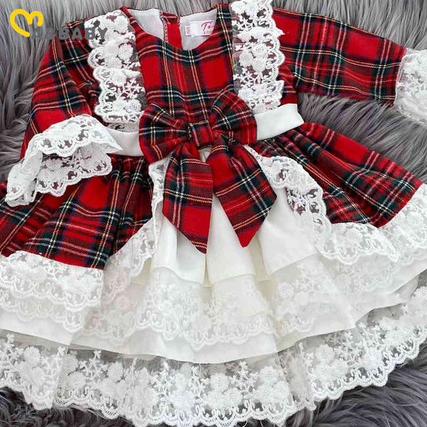 Mädchen Ma Baby 1-7Y Weihnachten Mädchen Rotes Kleid Kind Kinder Kleinkind Plaid Print Bogen Spitze Tutu Party Kleider Neujahr Weihnachten Kostüme D01 0913