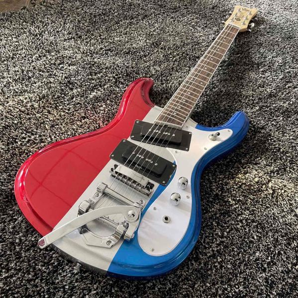 Benutzerdefinierte Mosrite E-Gitarre Johnny Ramone Venture Rot Weiß Blau mit Bigs Tremolo Bridge Dark Aqua White Schlagbrett Schwarz P-90 Pickups