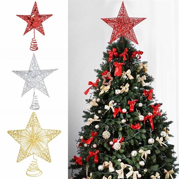 Decorações de Natal 1pc Árvore de Natal Top Star Gold Silver Red Glitter Iron Star Ornamento Feliz Natal Festa de Festa Tree Top Decoração 7 220914