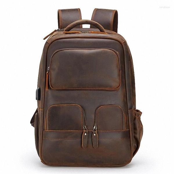 Backpack Men's Crazy Horse Crazy Horse Genuíno Couro Bolsas de Viagem de Negócios USB Rucksack de 15.6inch Laptop School Daypack