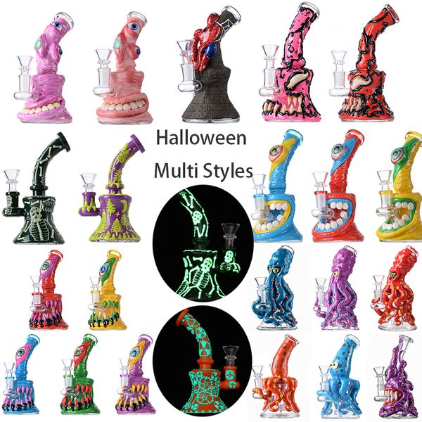 Großhandel Halloween-Stil Wasserpfeifen Eyes Teach Einzigartige Glasbongs Duschkopf Perc Octopus Oil Dab Rigs Beaker Bong 5 mm dicke Mini-Wachs-Rigs mit Schüssel