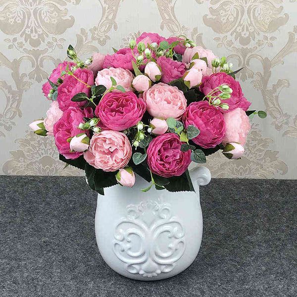Faux Floral Greenery 30cm Rose Pink Silk Bouquet Peony Flowers Artificial Flowers 5 Big Heads 4 Bot Bud Bride Decoração caseira