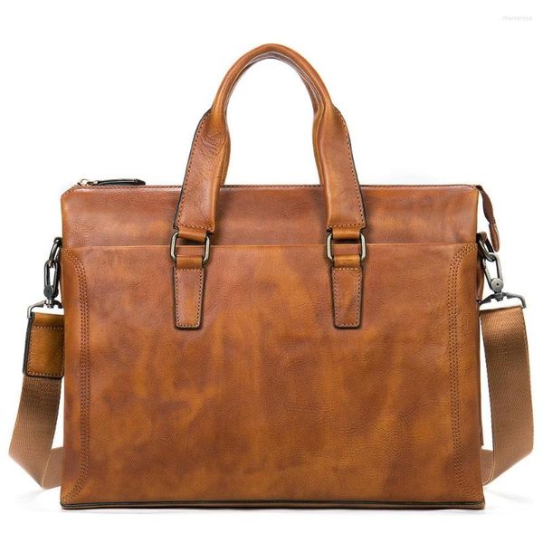 Borteiras Men Men Real Leather Handbgs Male Genuíno Bolsas de Viagem de Viagem Masculina Men Ferras de ombro de laptop de 14 polegadas A4