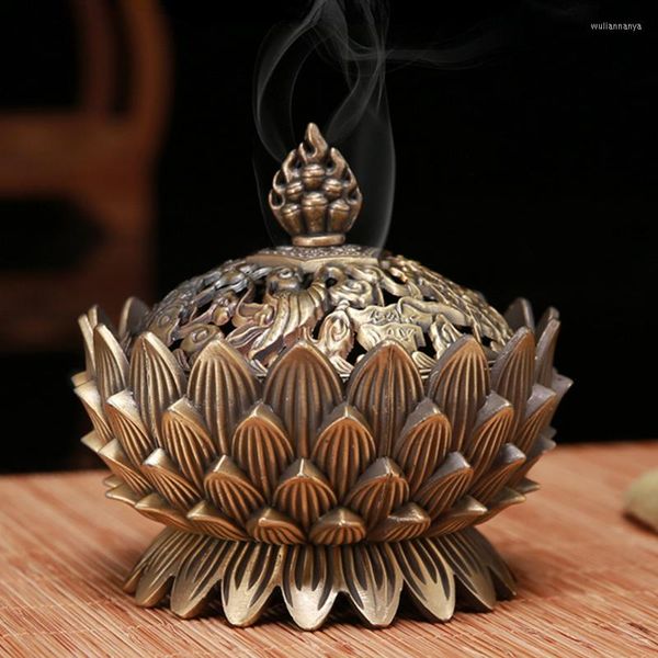 Lampade profumate Bruciatore di incenso Metallo Rame antico Loto che offre Buddha Decorazione in legno di sandalo