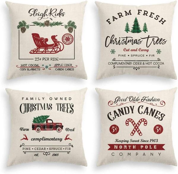 Capas de arremesso de Natal de travesseiro 18x18 polegadas Conjunto de 4 árvores Casos decorativos de caminhão vermelho Sofá doméstico da fazenda