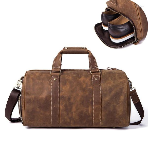 Duffel Bags 2022 Crazy Horse Leather Travel Bag Men's Vintage Cow Carry на багаж
