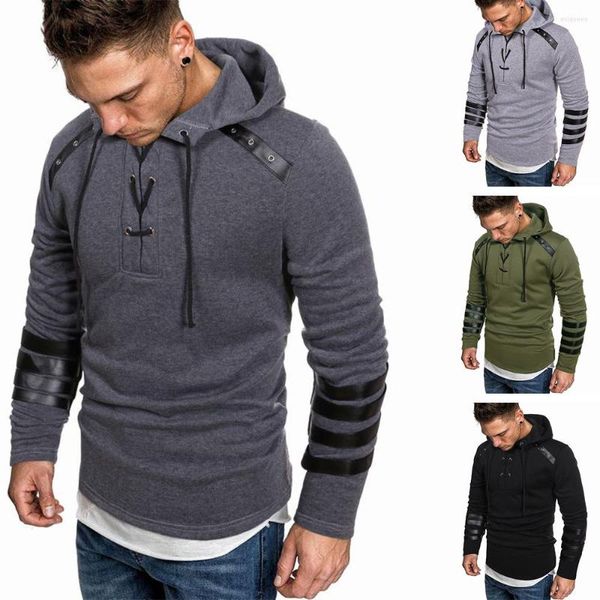 Felpe con cappuccio da uomo Giacca con cappuccio addensata da uomo 2022 Autunno Inverno Casual Splicing PU Cappotto in pelle Coulisse di copertura